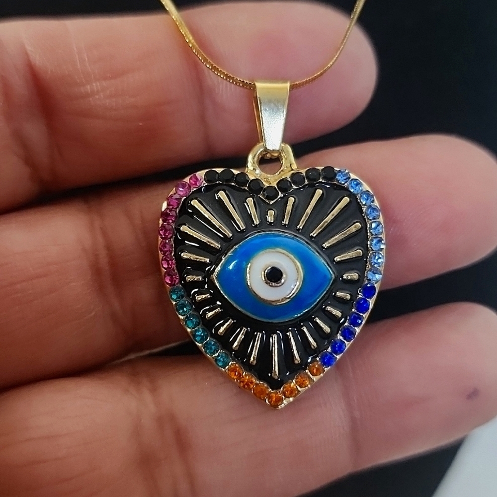 18" Gold Plated Chain Necklace with Heart Evil Eye Pendant New